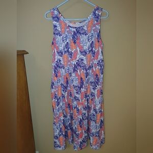Cuddl Duds Leaf Print Dress in Blue and Pink, Size M